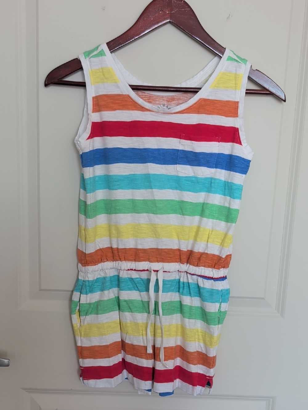Primary Multicolor Striped Tank Romper - White Base with Rainbow Stripes